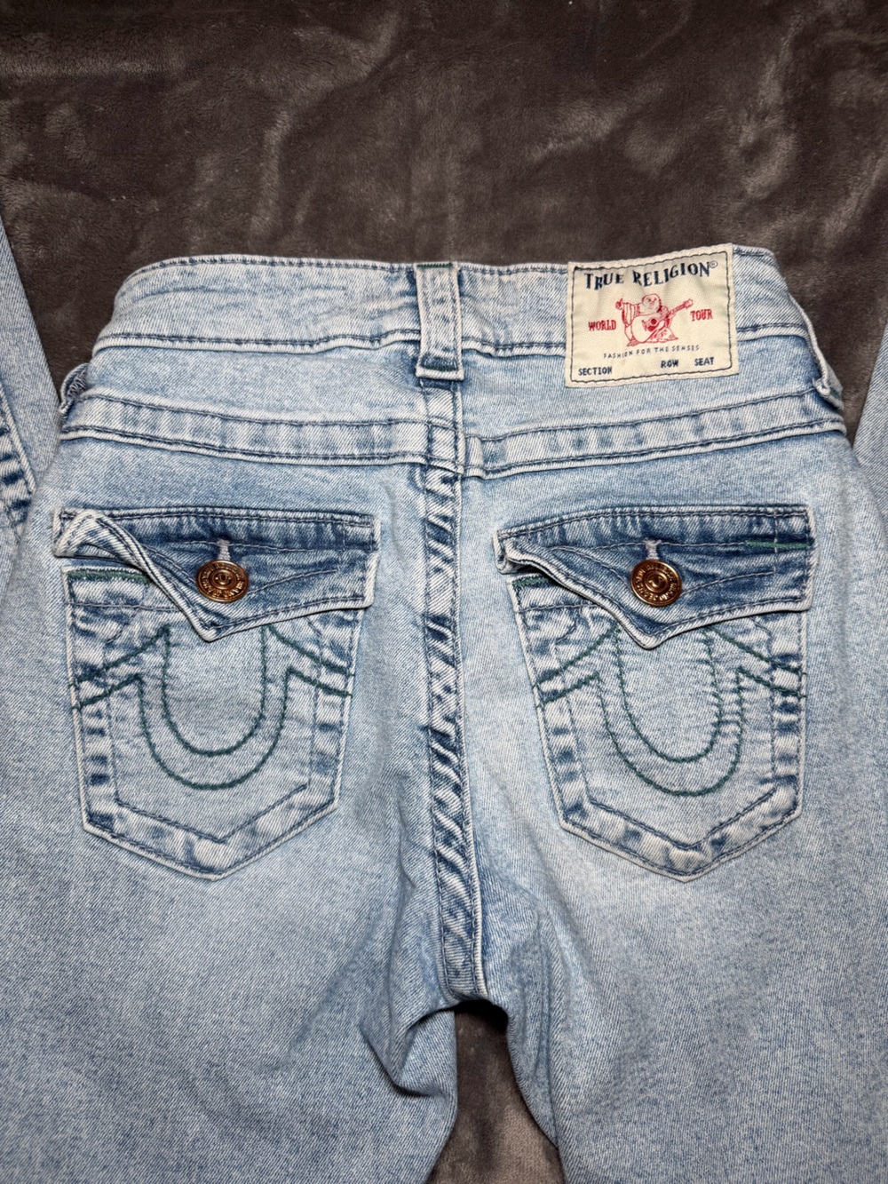 True Religion Light Blue High-Rise Denim Jeans with Flap Back Pockets